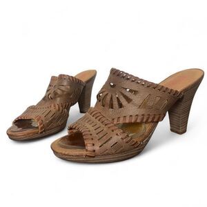 Pikolinos Brown Leather Cutout Open Toe Chunky Heel Slide Sandals Size 37 / US 7